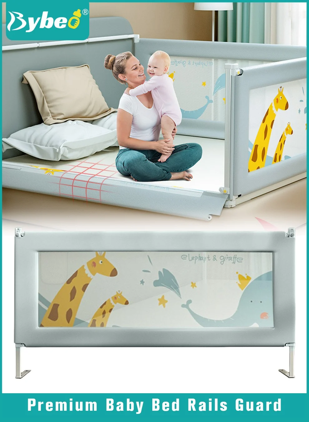 Bybeo Baby Bed Rail Guard, Collapsible Safety Fence for Kids, Adjustable Height Barrier for Queen King Twin Beds (180cm) 051i7