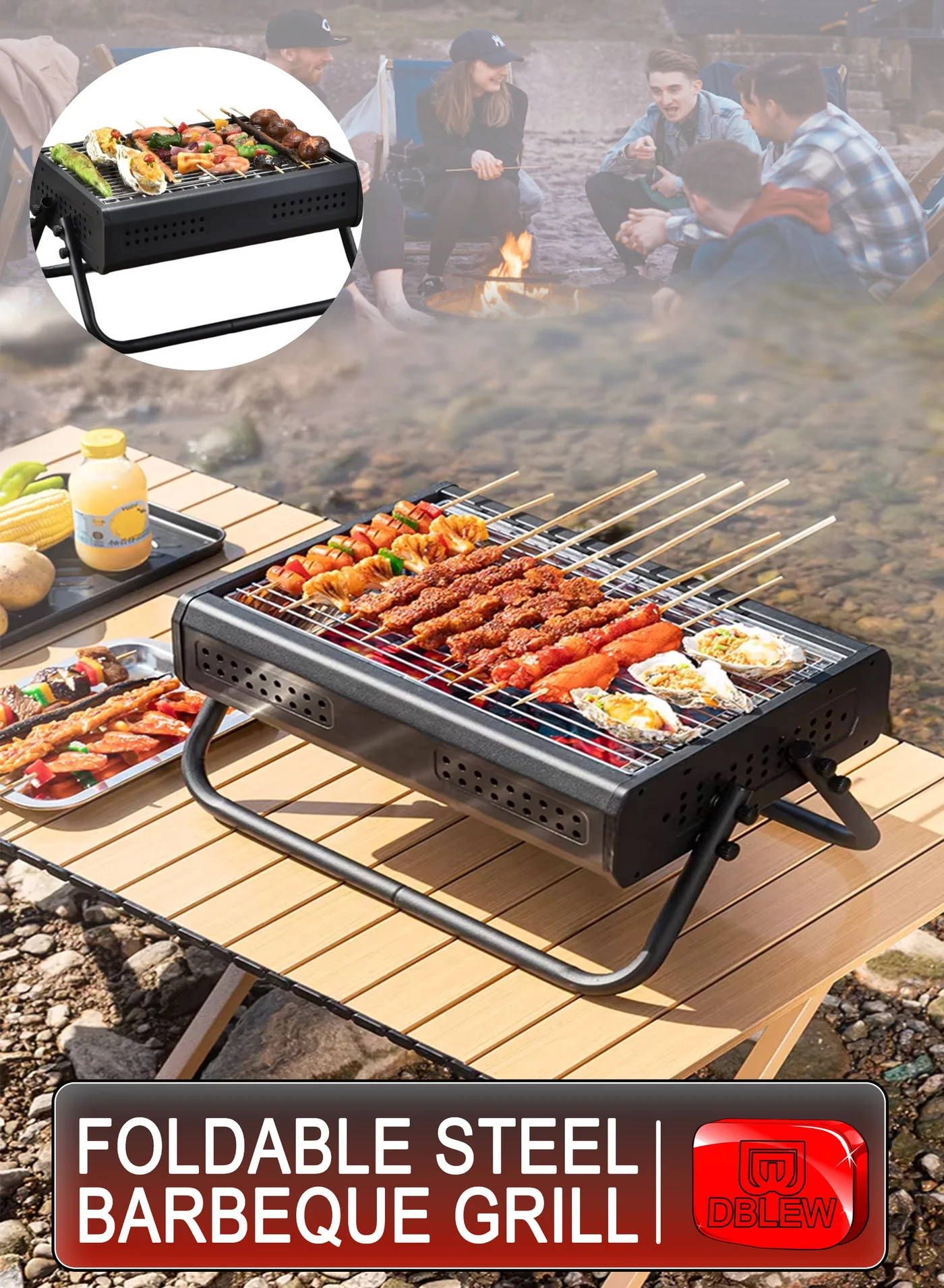 DBLEW Foldable Charcoal Barbecue Grill Portable Stainless Steel BBQ Stand for Outdoor Camping and Garden Cooking (45 x 30 x 35 cm) lzze4