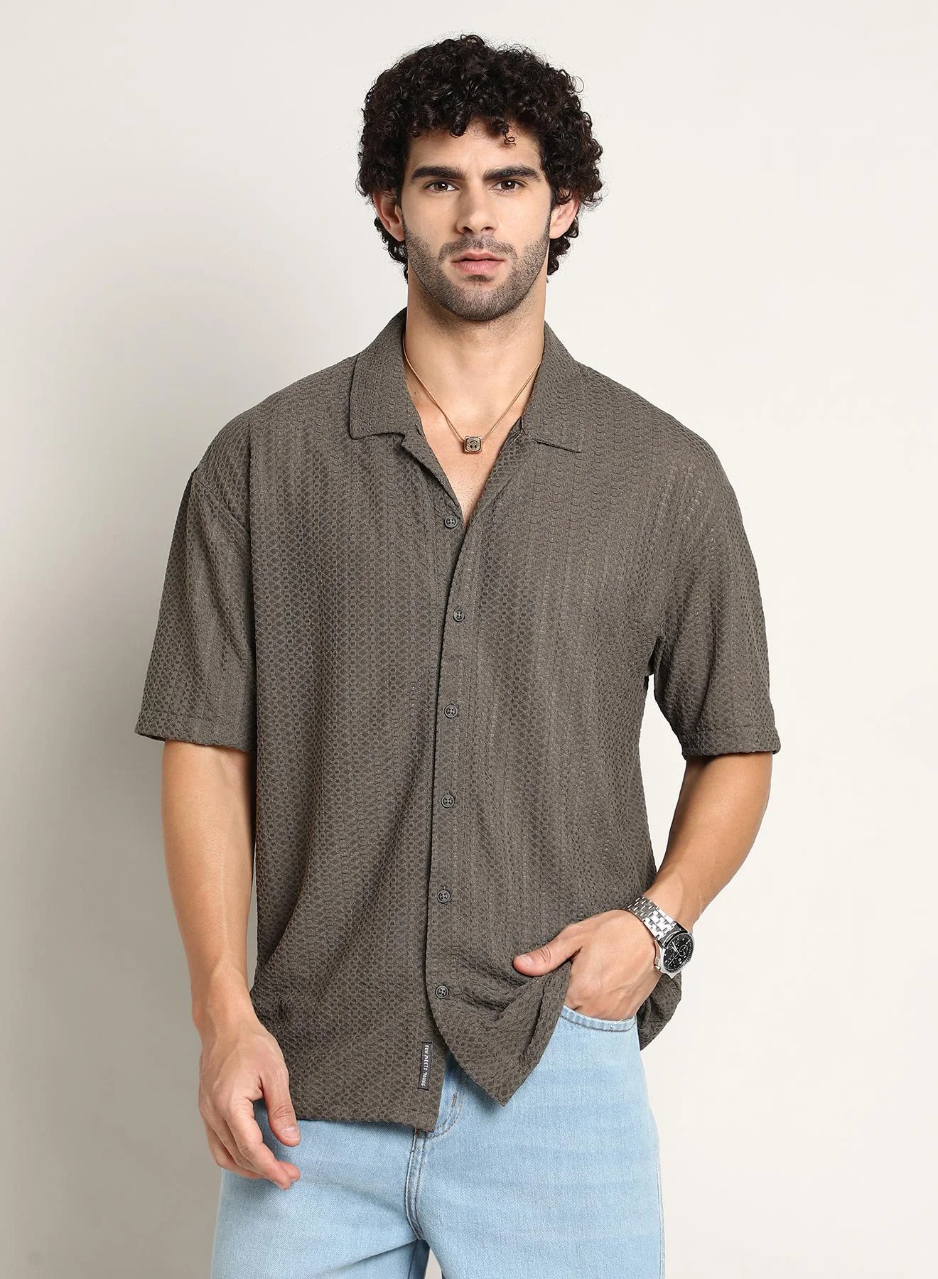 Campus Sutra Men's Zigzag-Helix Resort Oversized Shirt (Taupe Brown, Large) kjpy5