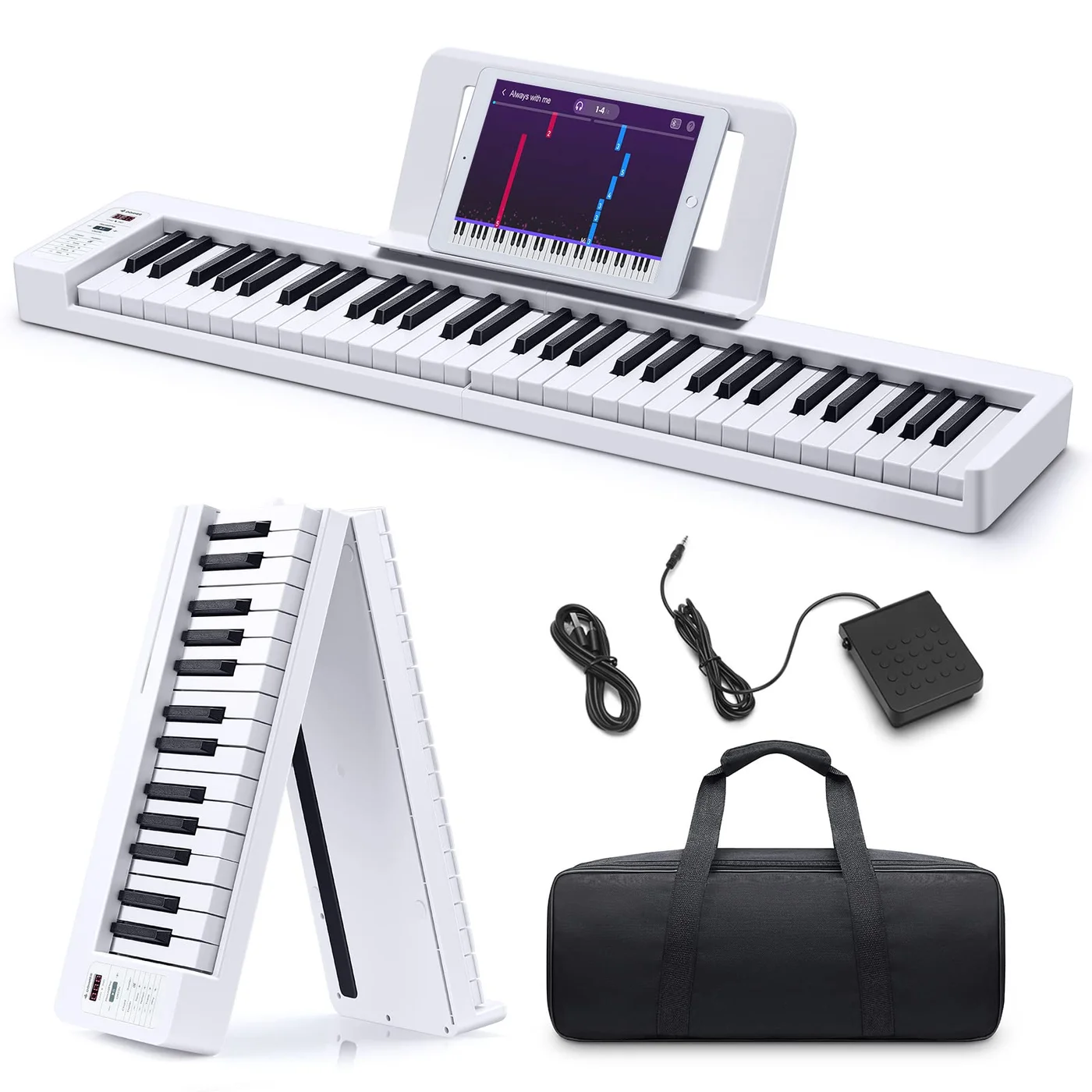 Donner 61-Key Folding Bluetooth Keyboard Piano, Portable Digital Music Instrument with Sustain Pedal and Carry Bag (White, 61 Keys) ap22s