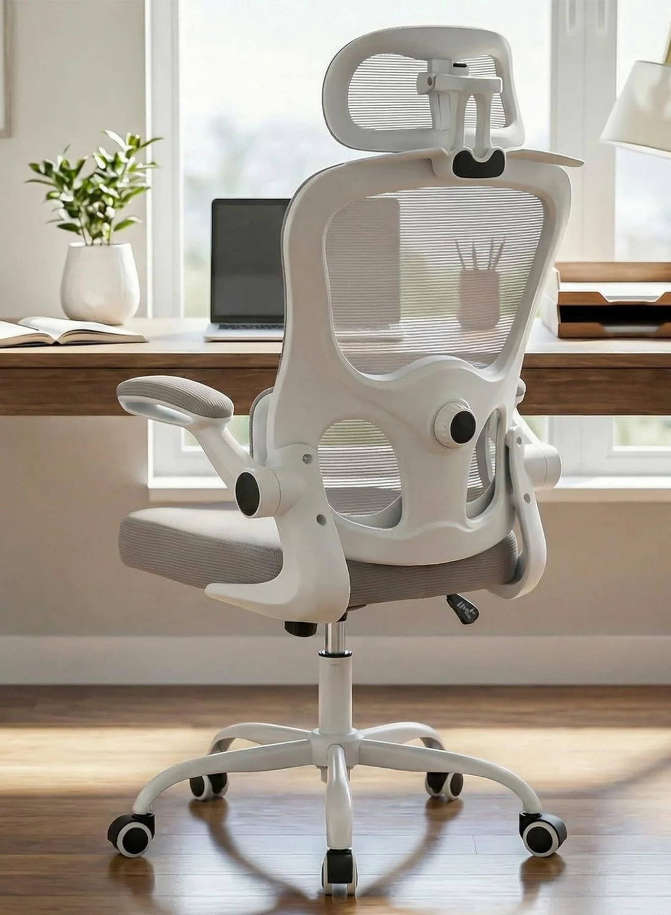 DROGO Premium Ergonomic Office Chair, High Back Mesh Computer Chair with 3D Headrest, Adjustable Lumbar Support and Flip-up Armrests (White, 120 cm) qmrva