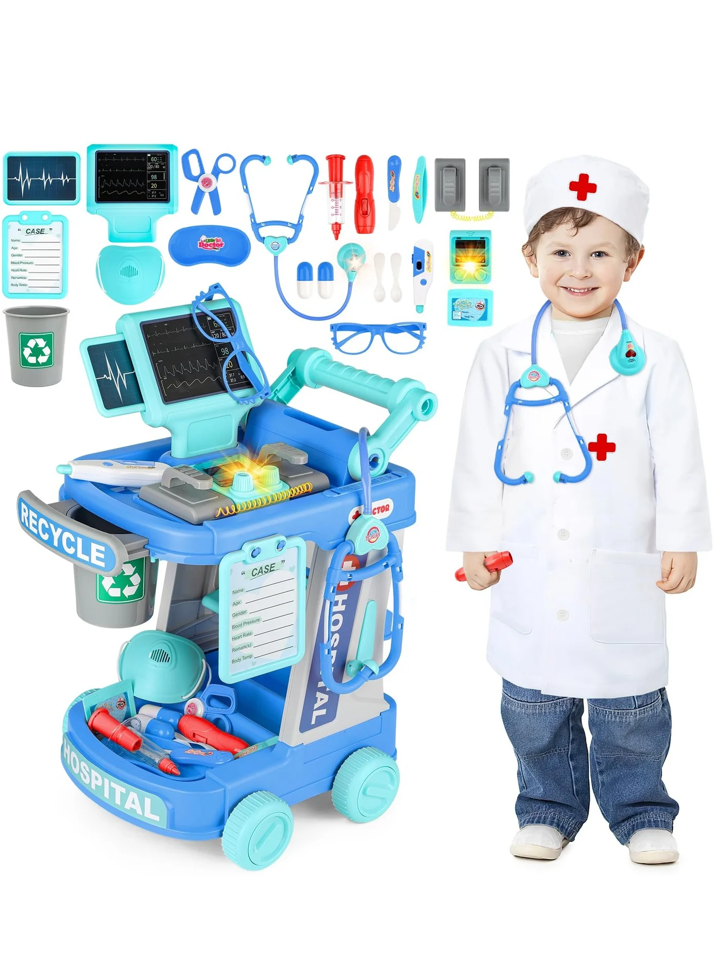 XiuWoo Doctor Cart Kit Pretend Play Medical Station with Costume and Instruments for Kids (Blue, 1 Set) sbh1v