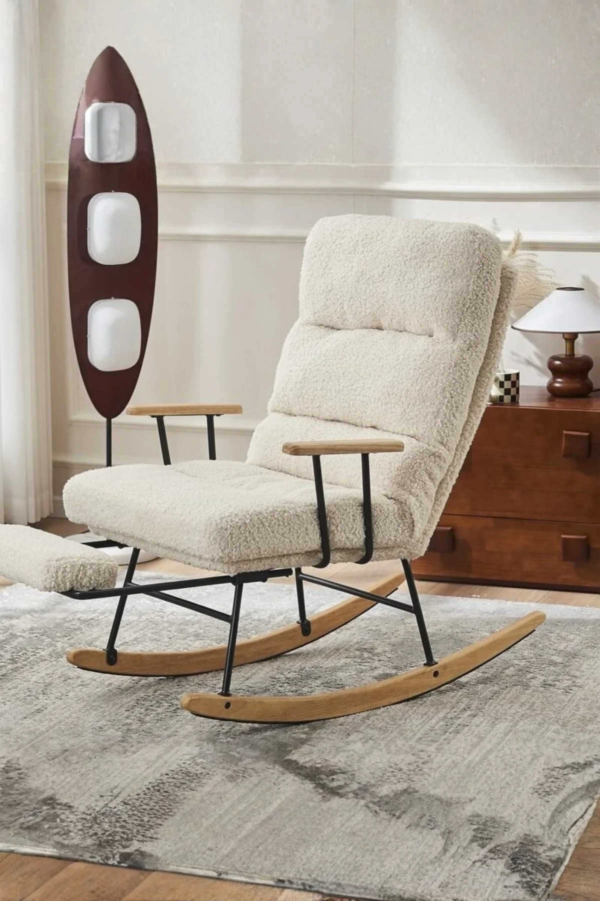 GAIA Home Modern Boucl¨¦ Rocking Chair with Wooden Base and Armrests (Cream, 95 cm x 70 cm x 85 cm) lclsk