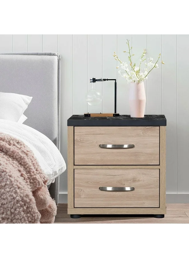 Bolivar 2 Drawer Nightstand Modern Bedside Table with Faux Marble Top (Vintage Oak/Black, 40x50x50 cm) e5jjq