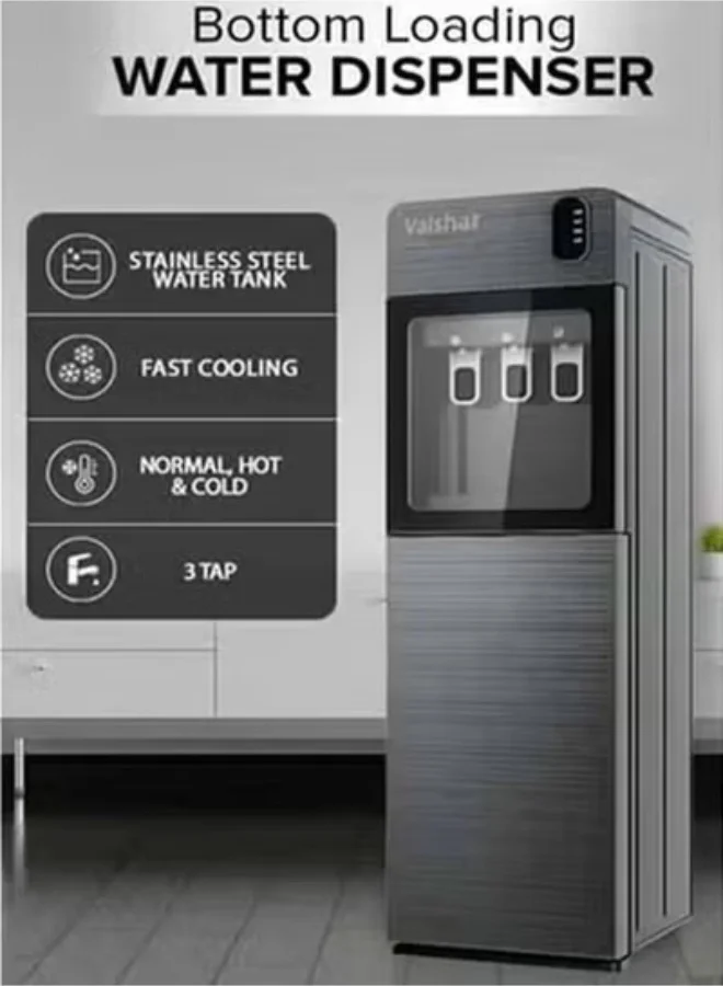 Valshar Bottom Loading Water Dispenser with 3 Taps (Hot, Cold, Normal) Compressor Cooling System for Home and Office (Metallic) 6ujy1