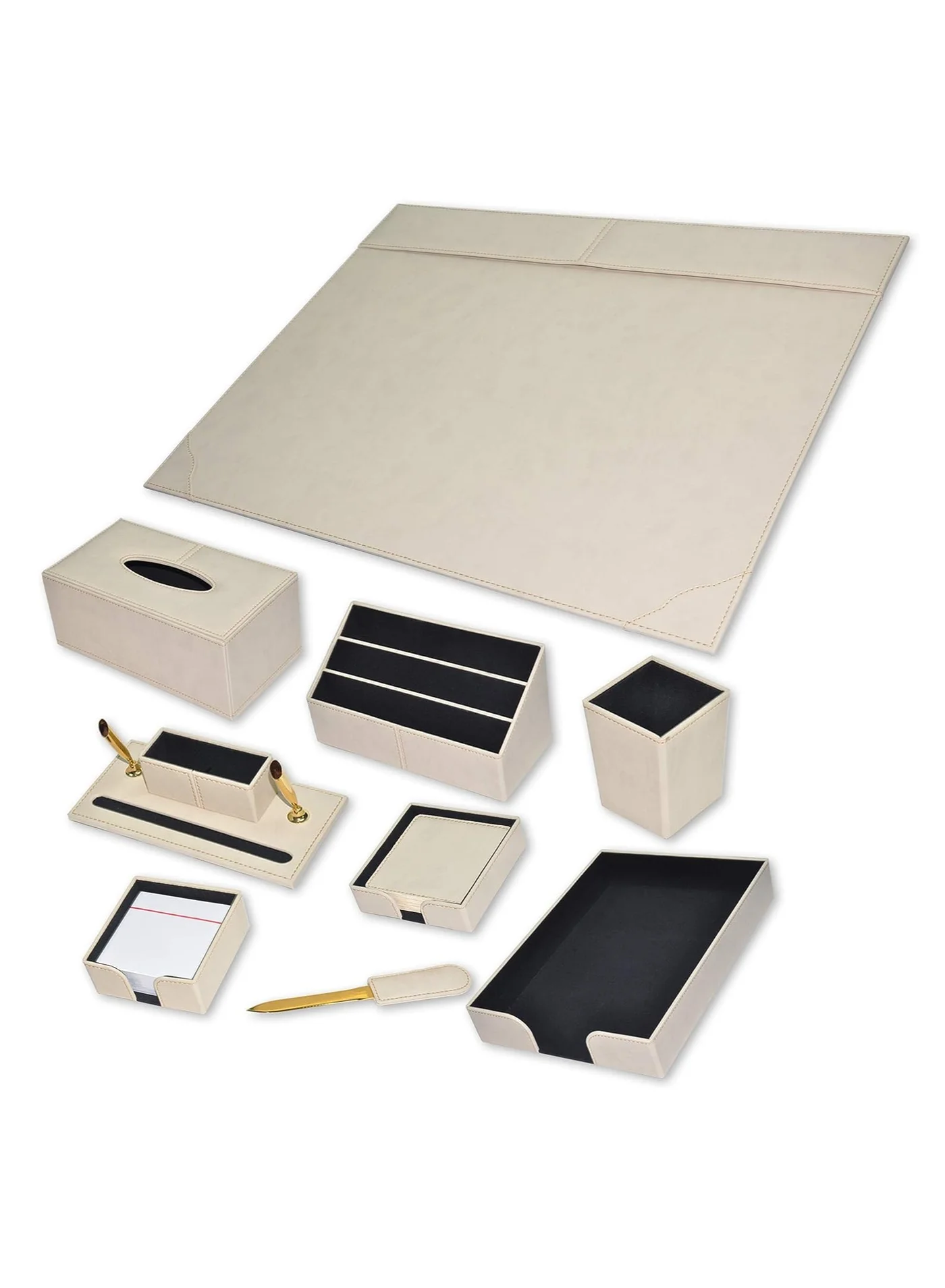 Executive Desk Organizer Set 9-Piece Premium Italian PU Leather (Cream, 9-Piece Set) cbujh