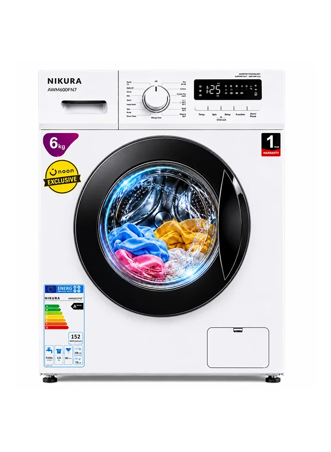NIKURA Front Load Washing Machine with BLDC Inverter Motor, 12 Wash Programs, 5 Star Energy Efficiency, Fully Automatic (White, 6 kg) 5qf8g