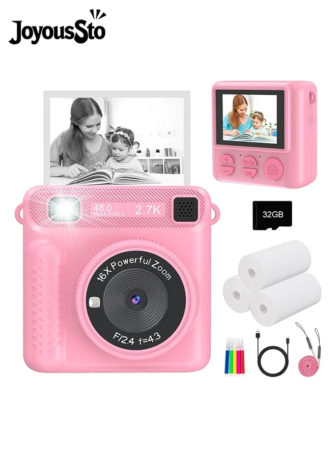 JoyousSto Instant Print Digital Camera for Kids 1080P HD Selfie Camera with 32GB Memory Card and Print Paper (Pink) 6kcgp