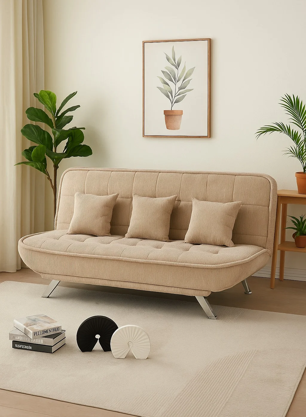 Harmony Home Premium Convertible Sofa Bed with Metal Legs (Light Brown, 3-Seater) 27cta