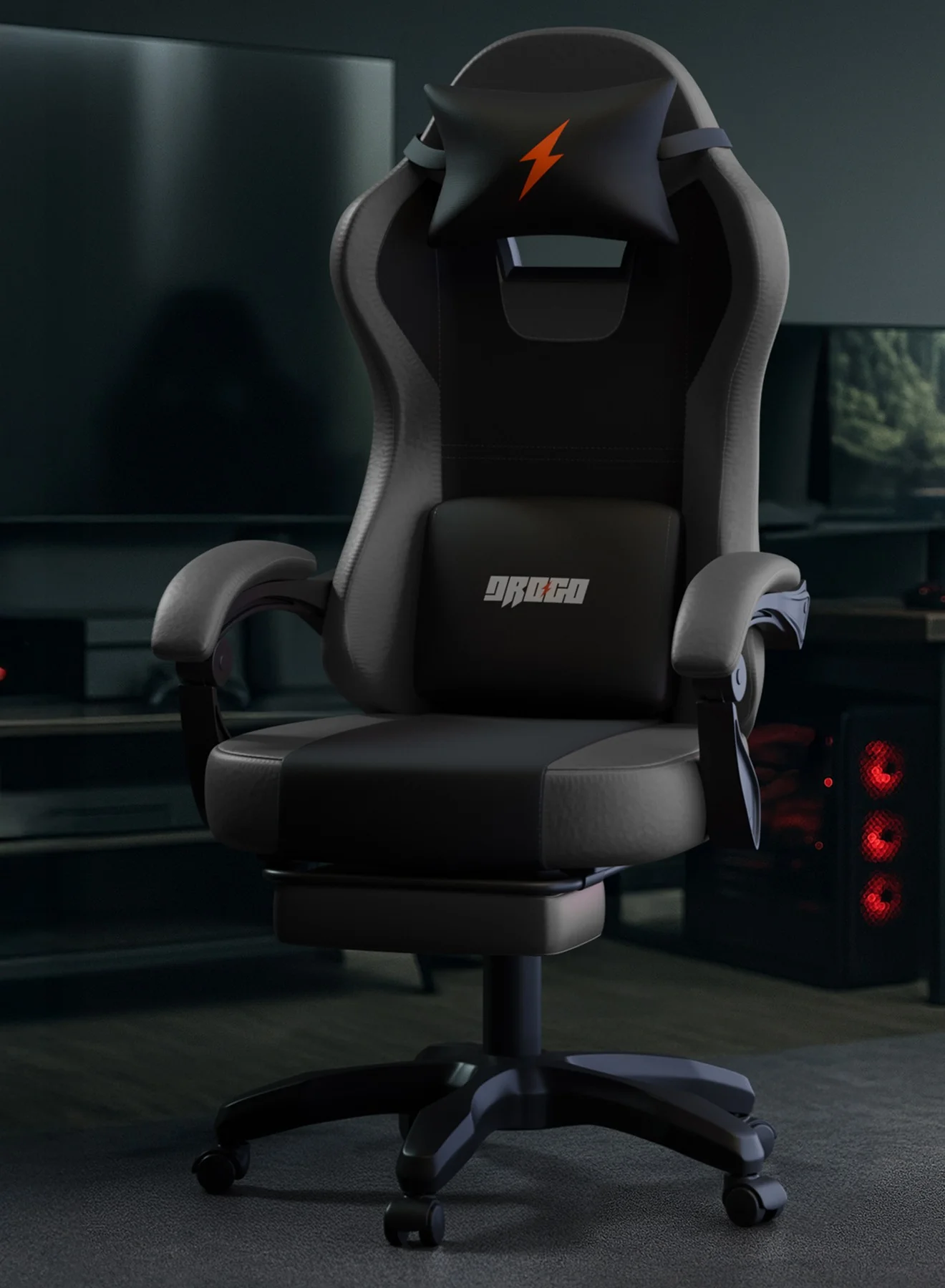 DROGO Ergonomic Gaming Chair Premium PU Leather Office Desk Chair with Adjustable Lumbar Support and Recline (Black, 125 cm) 6me8w