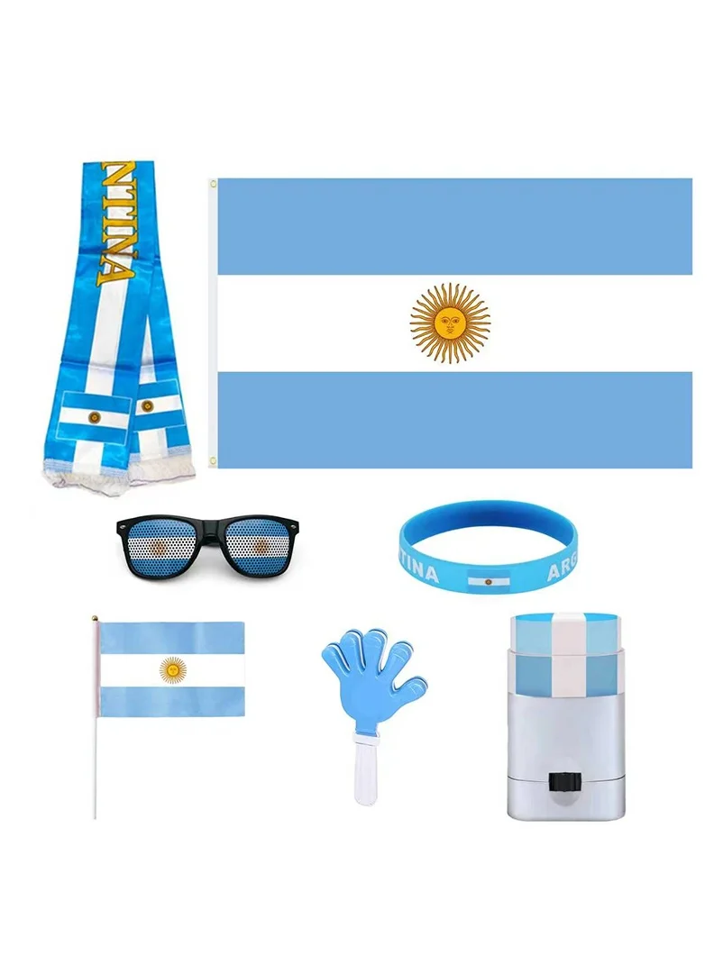 Argentina Football Fan Kit 7-in-1 Supporter Accessories Set with Flag Scarf and Face Paint (One Size) 66pgm