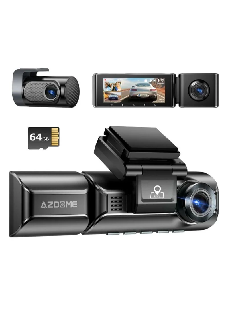 Premium 3-Channel Dash Cam with 4K Front and Rear Recording, Built-in GPS and WiFi, 64GB Storage Included (Black, 1 Unit) uvilp