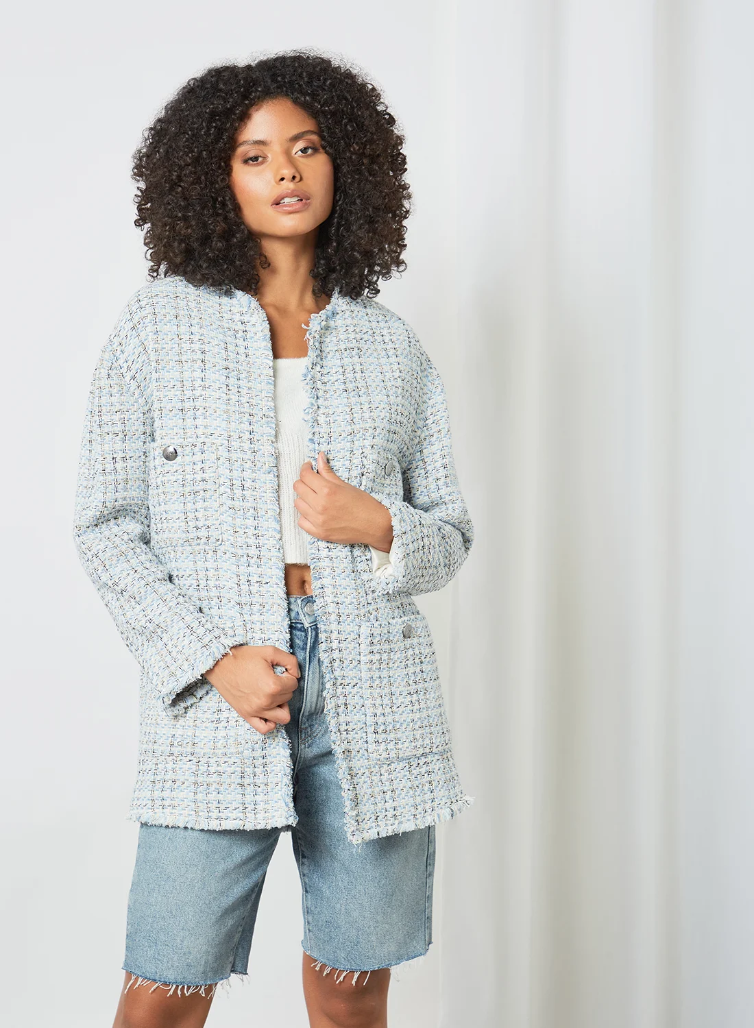 MANGO Tweed Jacket Round Neck Long Sleeve Premium Cotton Blend (Blue, Medium) 91l5q