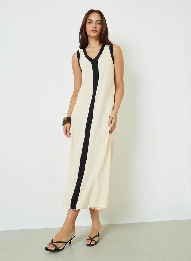 Styli Beige Contrast Trim V Neck Maxi Dress Elegant Floor-Length Casual Wear (Beige, One Size) u9m37