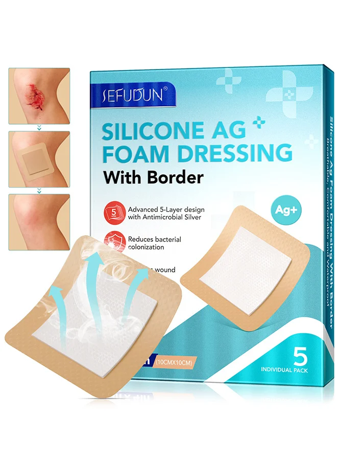 Sefudun Silicone Foam Dressing with Adhesive Border, Breathable Wound Care Patches for Skin Protection (10x10cm, 5 Pack) d9rgz