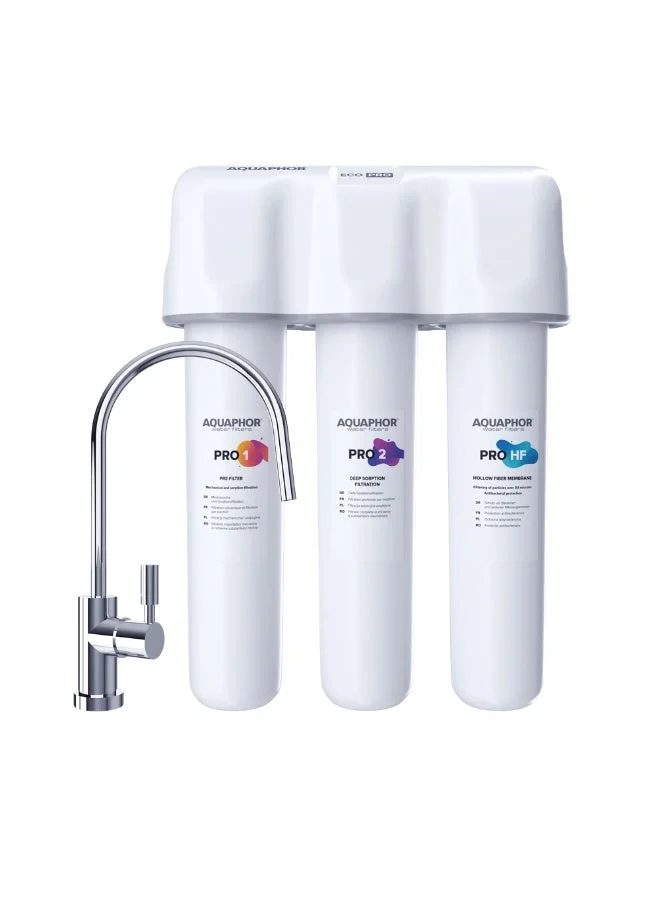 Aquaphor ECO Pro Under Counter Water Filter System 3-Stage Kitchen Purifier with Faucet (10000L Capacity, 2.5L/min Flow Rate) 2wkzu
