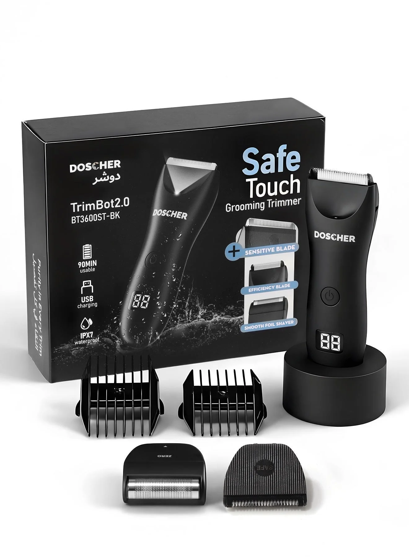 DOSCHER Three-Head Body Hair Trimmer for Men, Waterproof Electric Groomer with LED Display and Charging Dock (1 Piece) faa9s