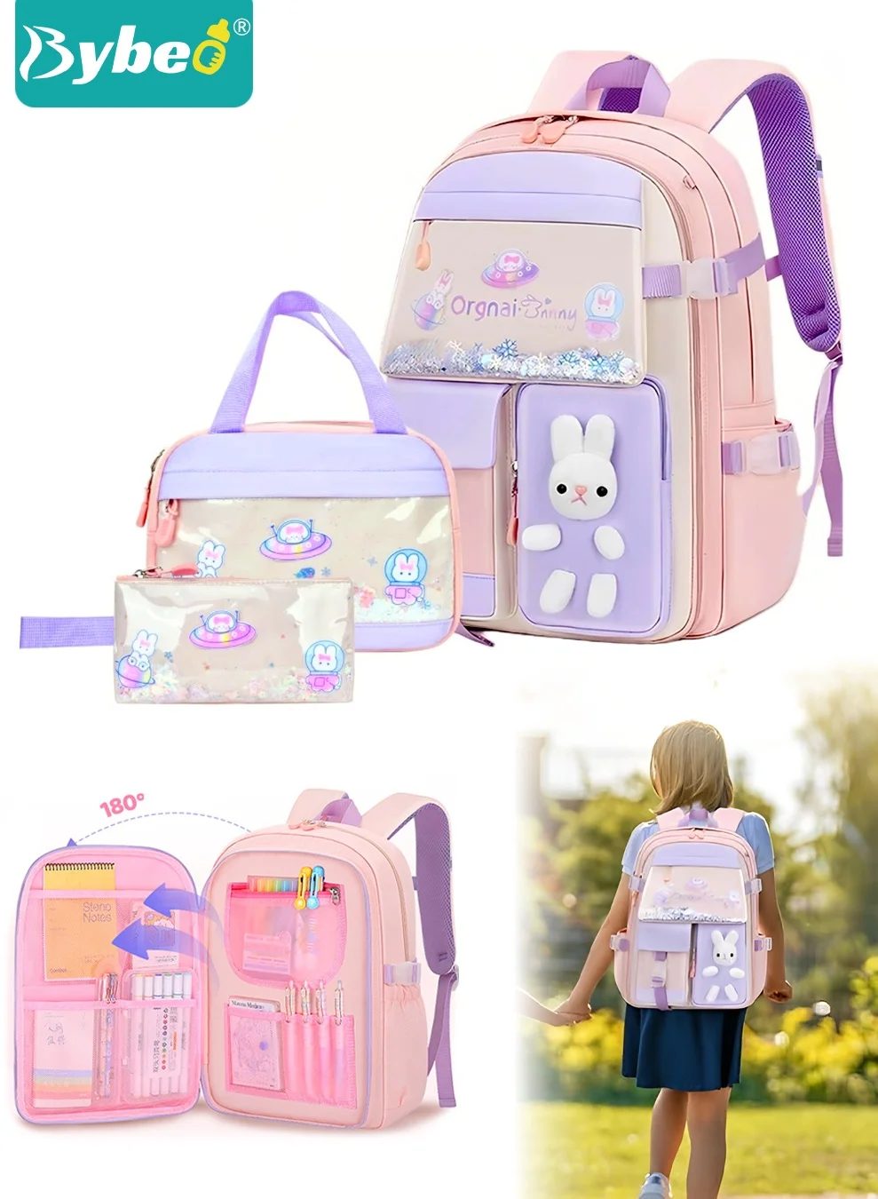 Bybeo Kids School Bag Set, Waterproof Backpack with Lunch Box and Pencil Case, Large Capacity Elementary School Supplies for Boys and Girls (3-Piece Set) 64aks