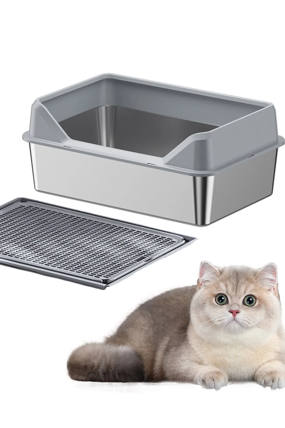 Kidle Stainless Steel Cat Litter Box Premium Large Capacity Tray with High Walls (Silver, 50x35x15cm) pazni