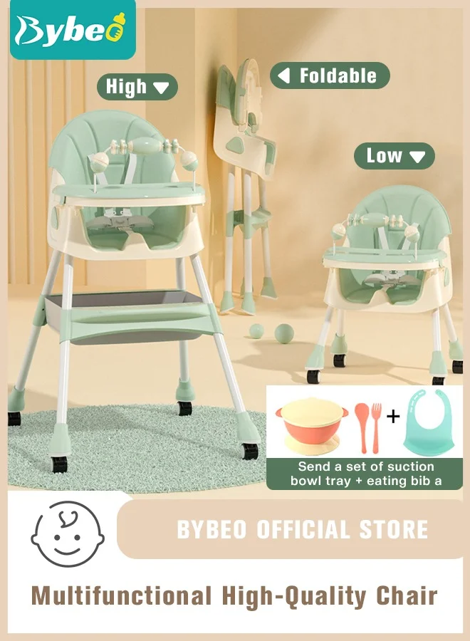Bybeo Foldable Baby High Chair with 4 Wheels and Removable Tray (Green, Adjustable Height) gvxd0