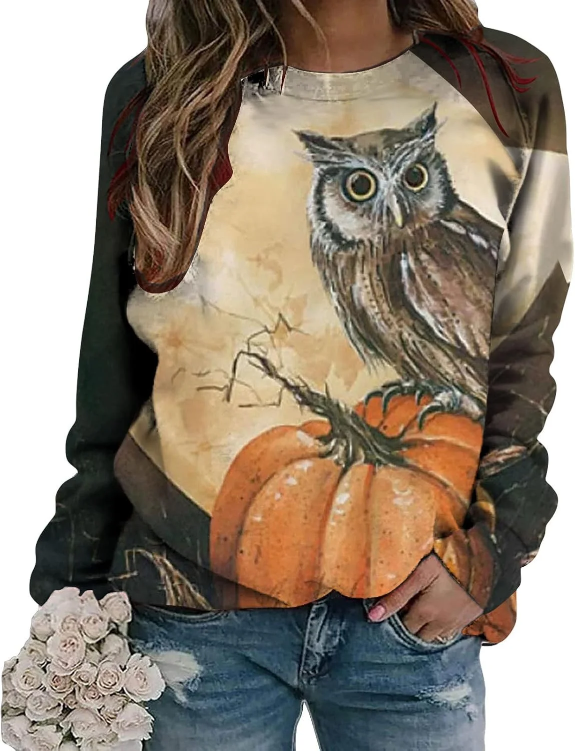 Cheekyglo Women Halloween Graphic Crewneck Sweatshirt Long Sleeve Oversized Fall Winter Top (Multicolor, One Size) gvzm3