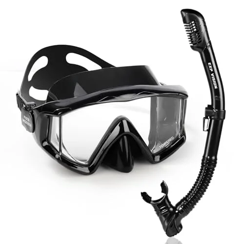EXP VISION Snorkel Set Professional Scuba Diving Gear with Tempered Glass Mask and Dry Top Snorkel (Black, Adult) 8ukv6