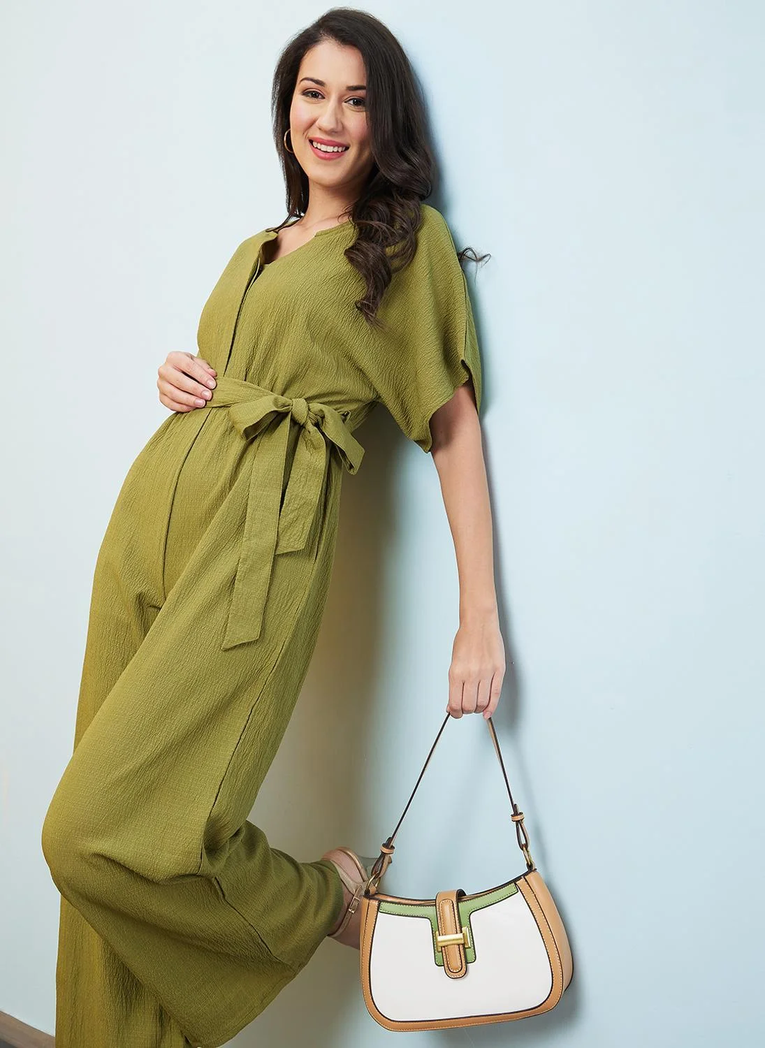 Premium Women's Casual Jumpsuit Green Self Design Round Neck Kimono Sleeves Belted Waist (Size M) wcpfq