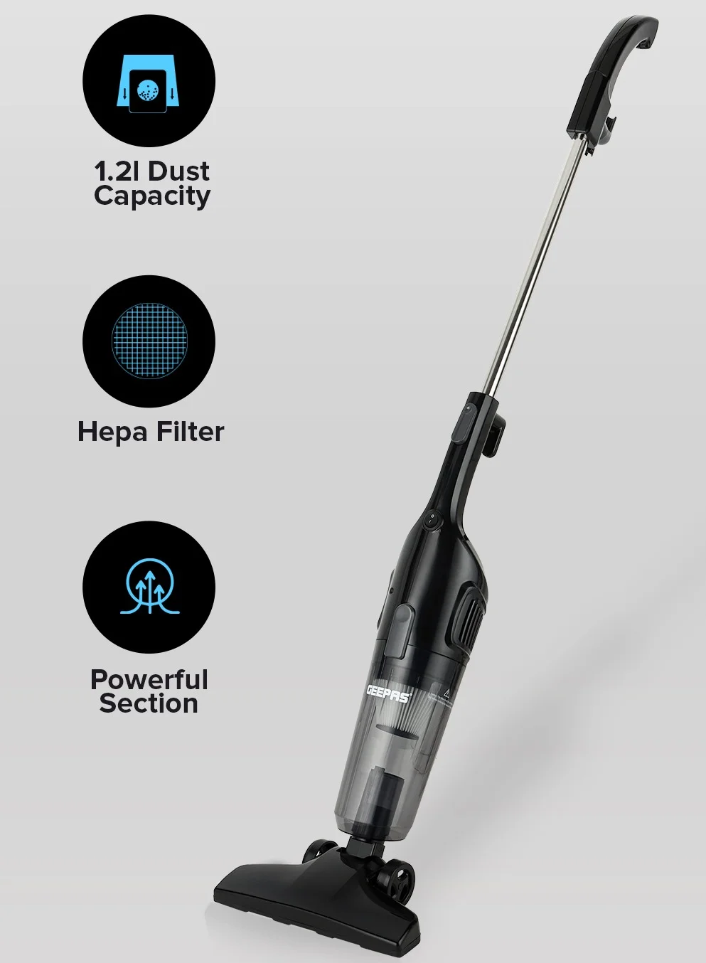 GEEPAS 2-in-1 Stick and Handheld Vacuum Cleaner with HEPA Filter, Powerful 600W Motor, Lightweight Design, Transparent 1.2L Dust Cup (Black) izvep