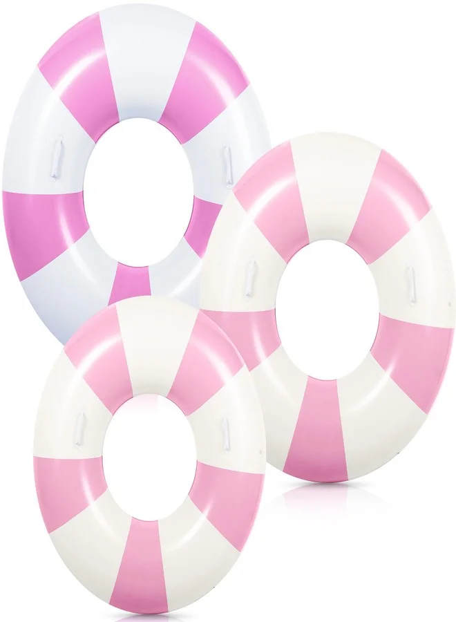 Premium Inflatable Swim Ring Set with Handles Classic Striped Pool Floats for Adults and Teens (Pink and White, 3-Piece Set 120cm 100cm 90cm) ttjdb