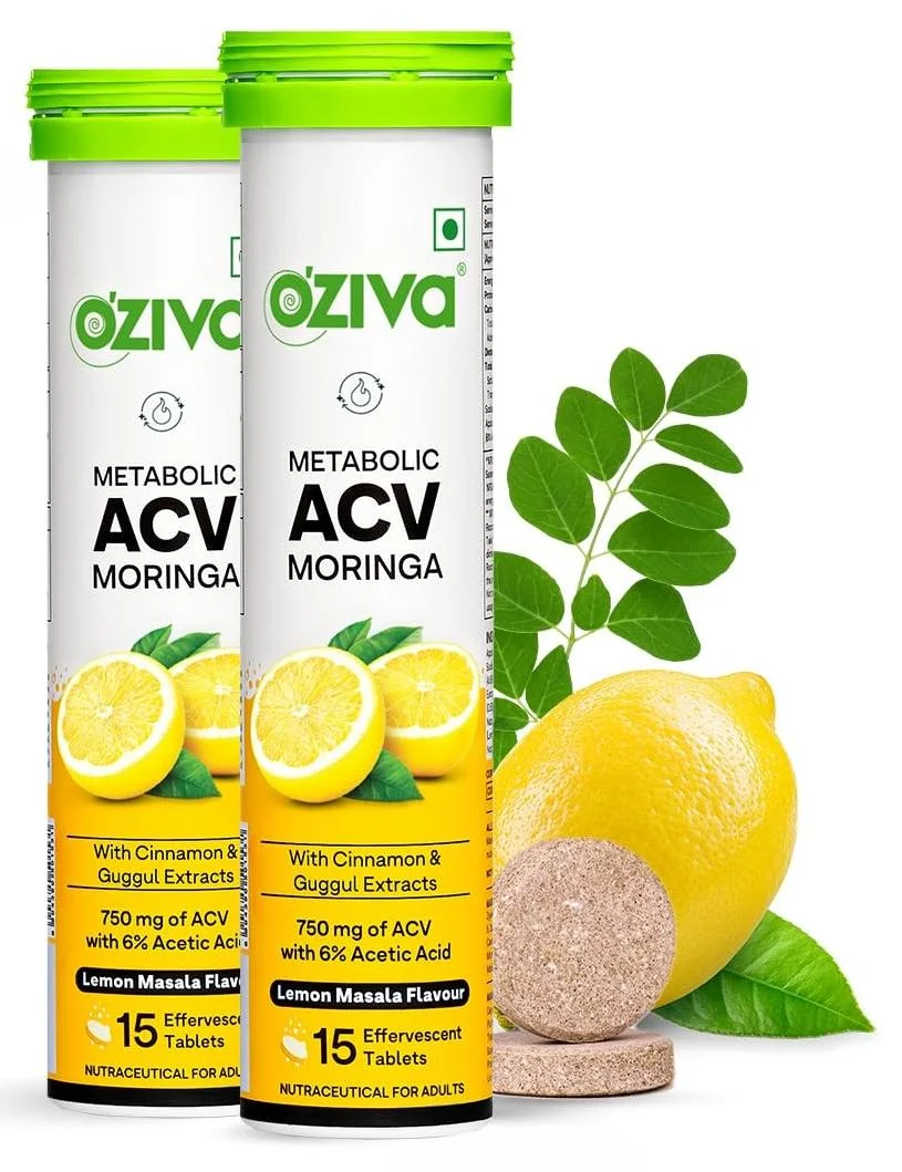 OZiva Apple Cider Vinegar Effervescent Tablets with Moringa Cinnamon and Guggul (Lemon Masala, 30 Tablets) 5pe9p