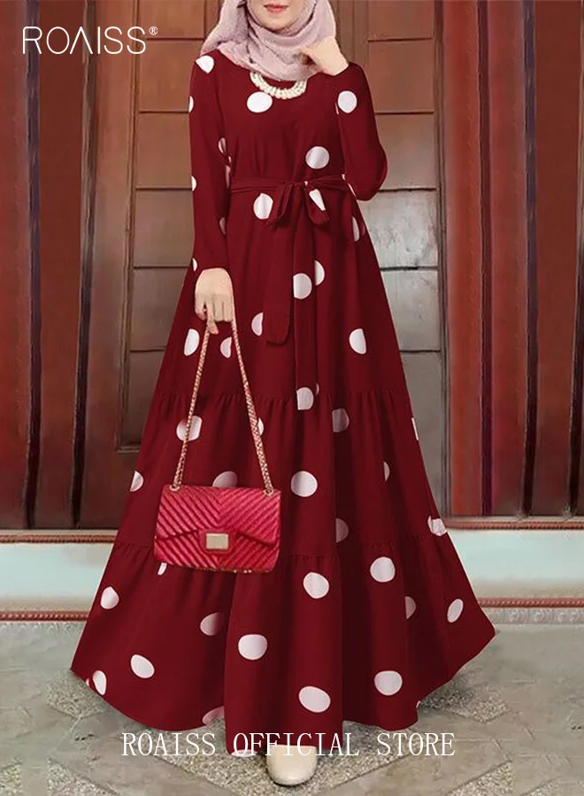 Roaiss Women Polka Dot Maxi Dress A-Line Long Sleeve Frock with Belt (Elegant, Daily Wear) 80gni