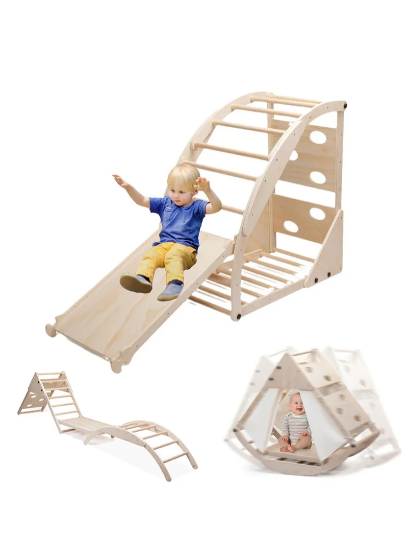 MaBaby 8-in-1 Montessori Climbing Triangle Set with Slide and Arch, Wooden Indoor Playground Jungle Gym for Kids 7ba2v
