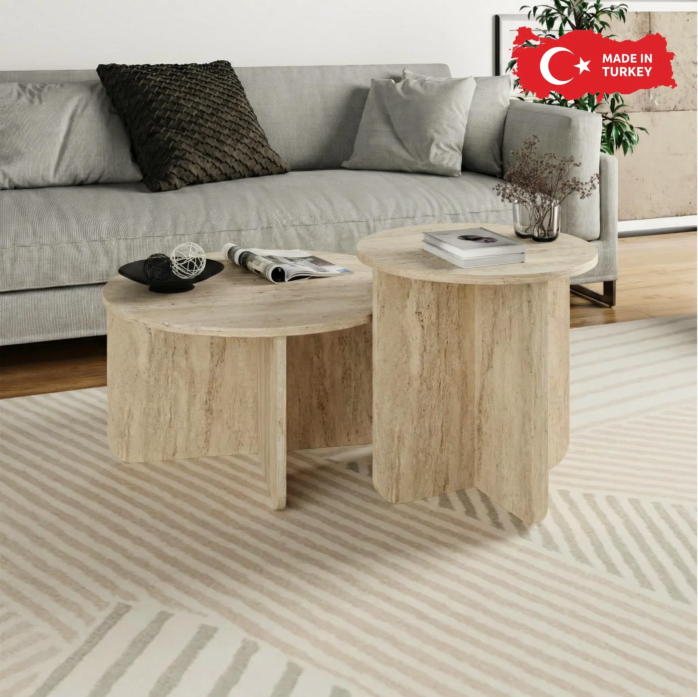 Mourah Home Nesting Coffee Table Set, Minimalist Round Center Tables for Living Room (Travertine Beige, 2 Piece Set) xt4d3