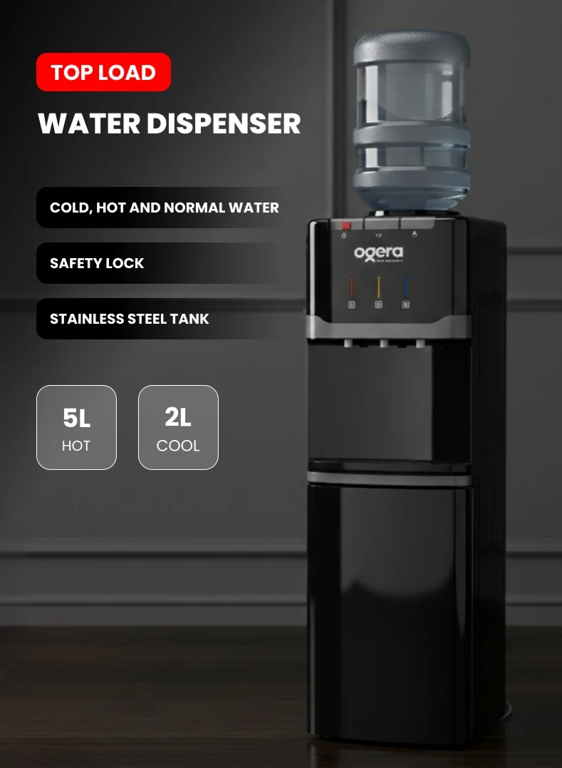 Ogera Top Load Water Dispenser with 3 Temperature Settings and Stainless Steel Tank (Black, 7L Total Capacity) 1eqn2