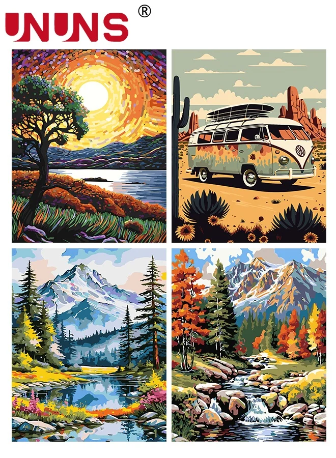 UNUNS Paint By Number Kit for Adults DIY Acrylic Painting Set with 12 Brushes (Starry Night Mountain Scenery, 40x50cm, 4-Pack) 584tf