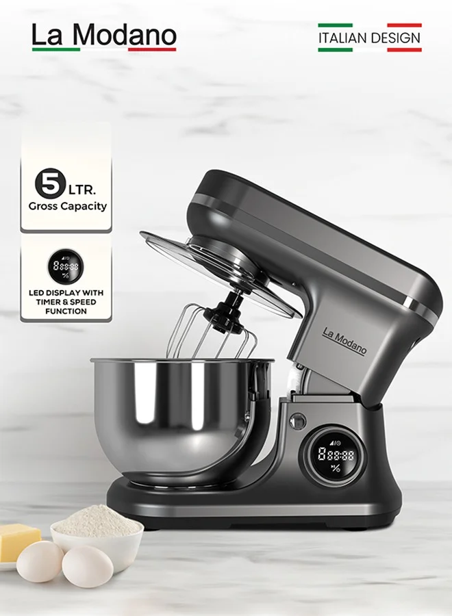 La Modano 1000W Stand Mixer with 5L Stainless Steel Bowl, 8-Speed Digital Control & LED Timer (Silver, 5L) 6wrrc
