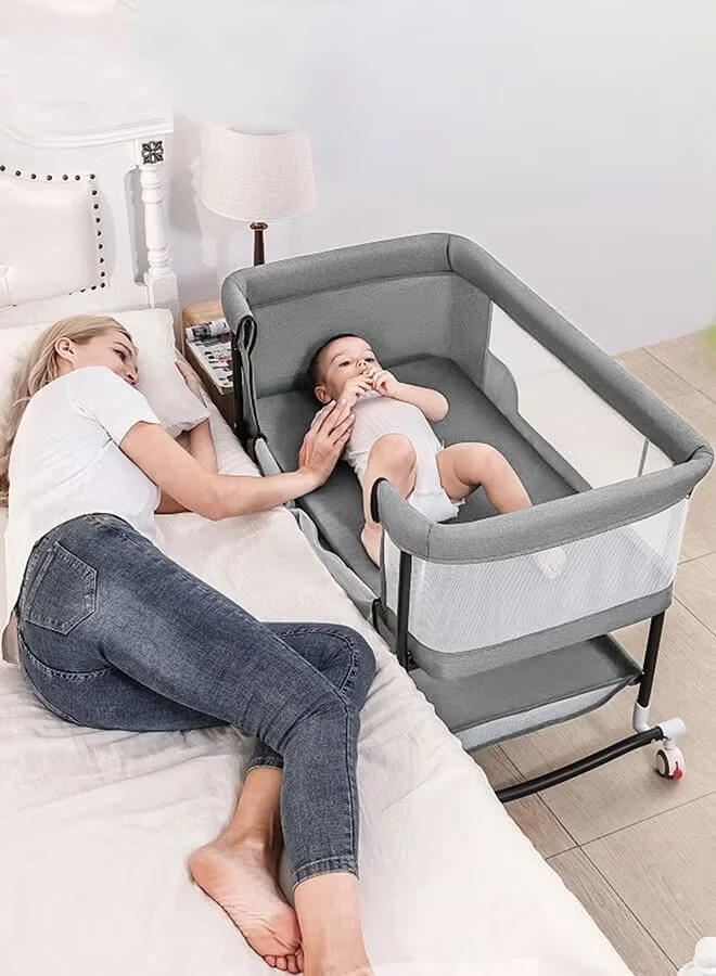 WALALLA 4-in-1 Adjustable Baby Bedside Crib Convertible Bassinet with Mosquito Net and Storage Basket (Grey) n14lj