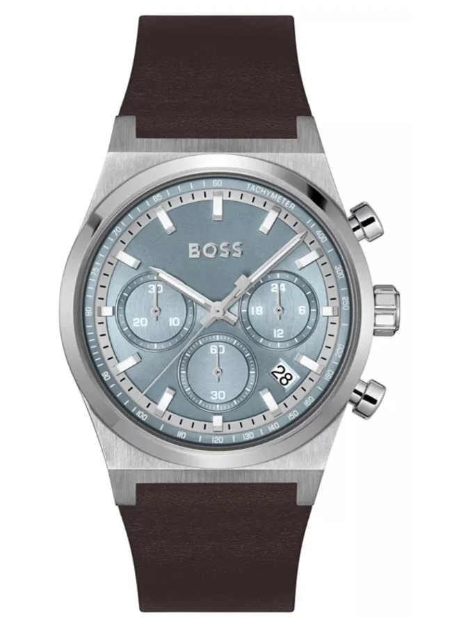 Premium Chronograph Quartz Watch with Ice Blue Dial and Leather Strap for Men qauq0