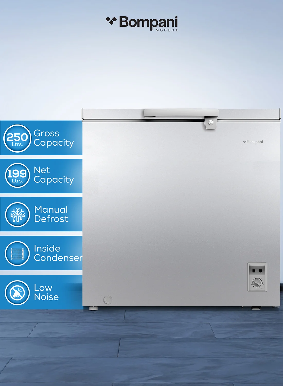 Bompani Chest Freezer Convertible Fridge 199L Net Capacity (Silver, 259L Gross) vgm58