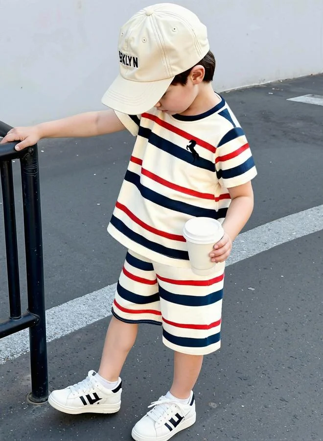 Take Two Boys Striped Round Neck T-Shirt And Shorts Set Premium Cotton Casual Outfit (Kids, Multi-Color) k4tyf