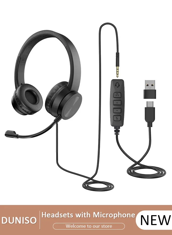 DUNISO Wired Type C Headset with Noise Cancelling Microphone (Over-Ear, Adjustable Volume, Black) v4omt