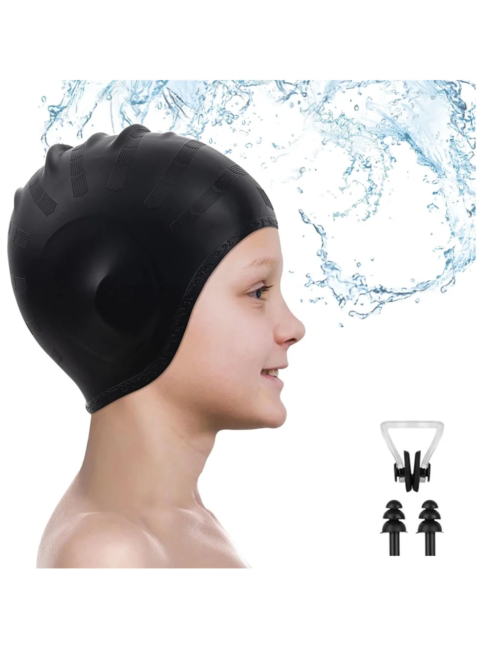 Premium Silicone Swim Cap with 3D Ear Pockets and Nose Clip Set (Black, One Size) 0qvhr