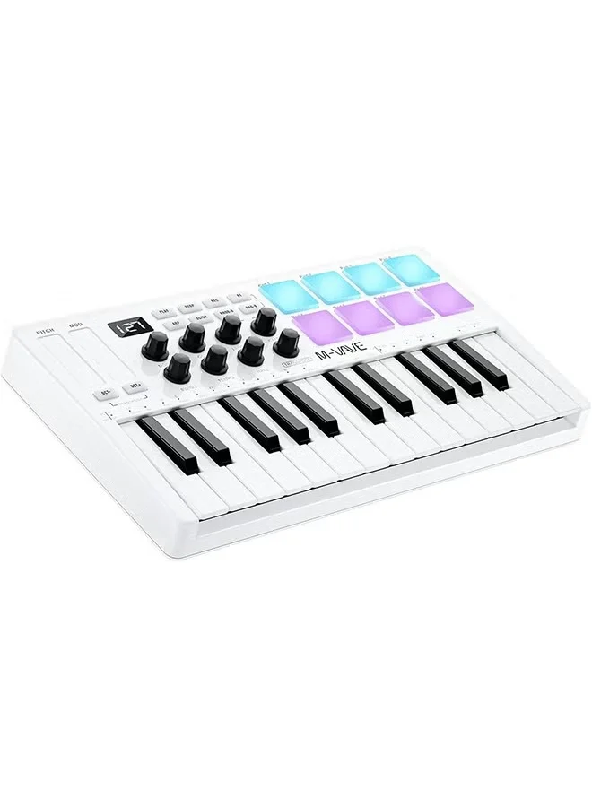 M-VAVE 25 Key MIDI Keyboard Controller with 8 Backlit Drum Pads and Bluetooth Connectivity (White) skdh1