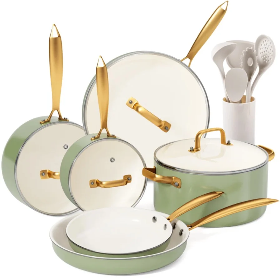 Caannasweis 16-Piece Non-Stick Ceramic Cookware Set with Cooking Utensils, Oven Safe Kitchen Pots and Pans Set (Green, 16-Piece) kprj1