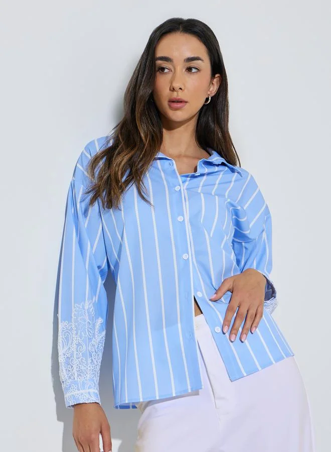 Styli Oversized Striped Casual Shirt with Lace Trim (Blue, One Size) j5rlc