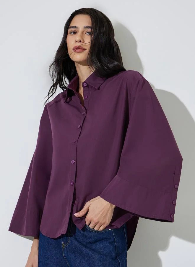 Styli Purple Wide Sleeve Button-Down Shirt Premium Casual Blouse for Women (One Size) zbj4q
