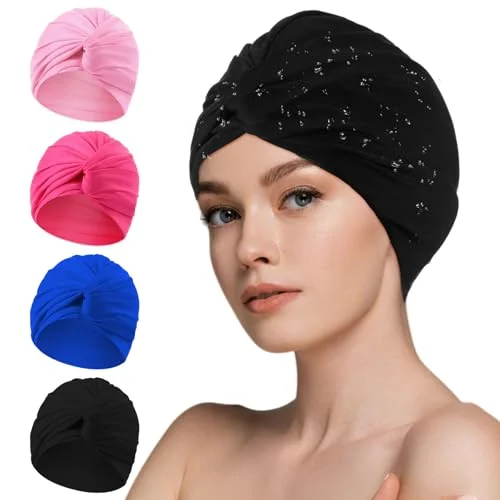 Shyyween Swim Turban Set for Women Premium Elastic Polyester Swimming Caps for Long and Short Hair (4 Pieces, Multi-Color) vbwj5