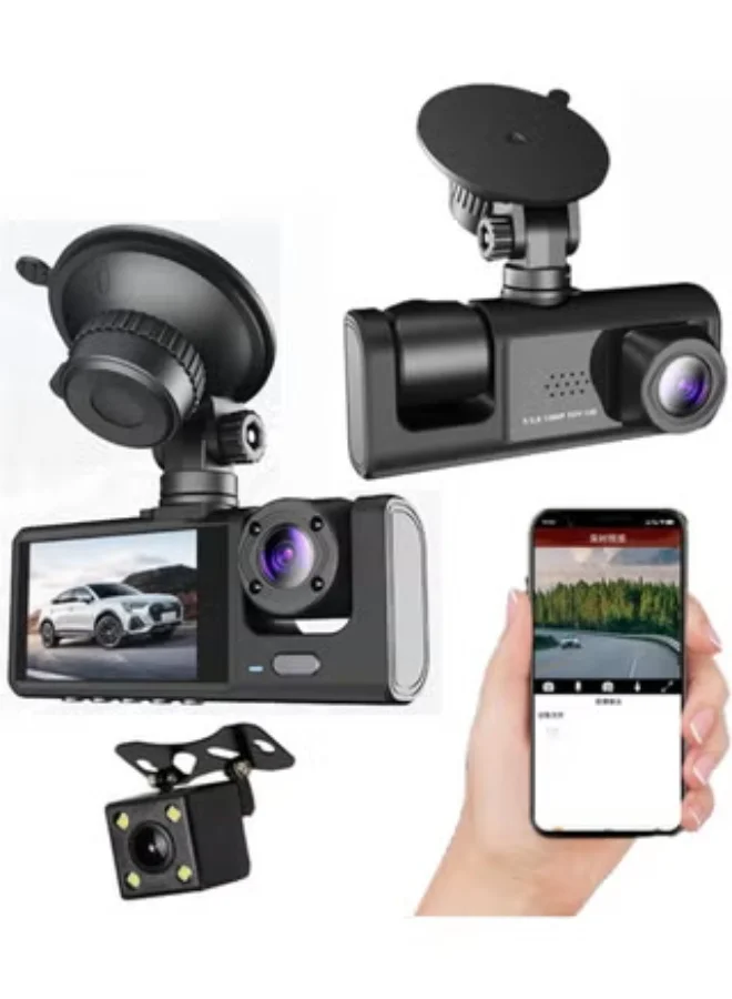 SHOPI 1080P 3-Lens Dash Camera System (Front, Rear, and Cabin Recording) with Night Vision and Parking Guard for Cars and Trucks hfivv