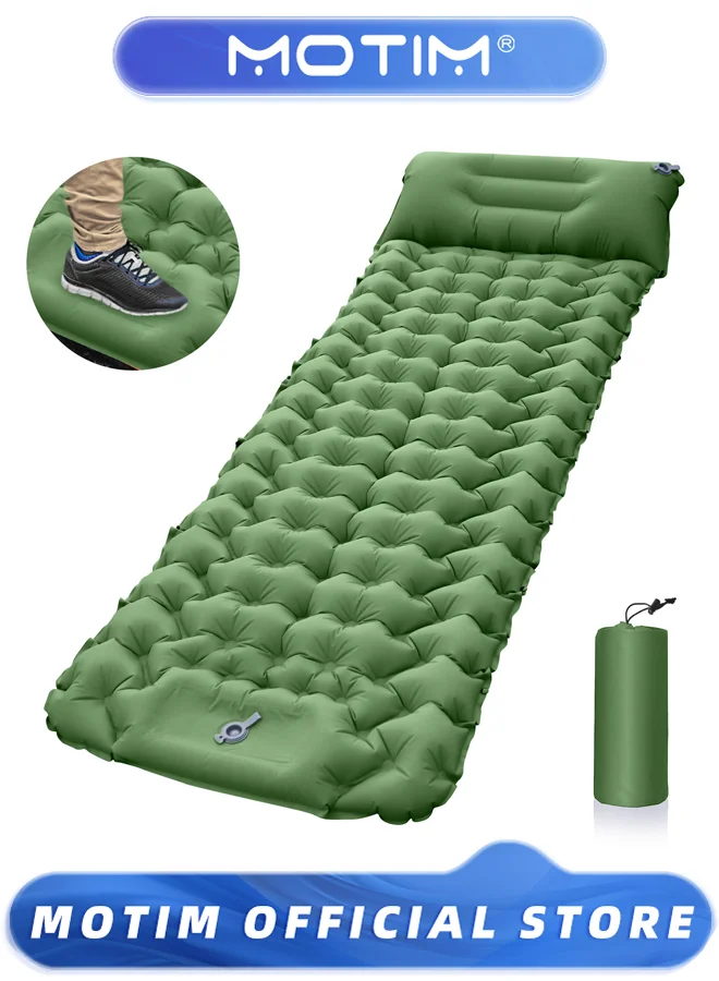 Motim Camping Sleeping Pad with Built-in Pillow and Foot Pump Ultralight Inflatable Mat for Backpacking and Hiking (Green, 3.9 Inch Thick) u9gxa