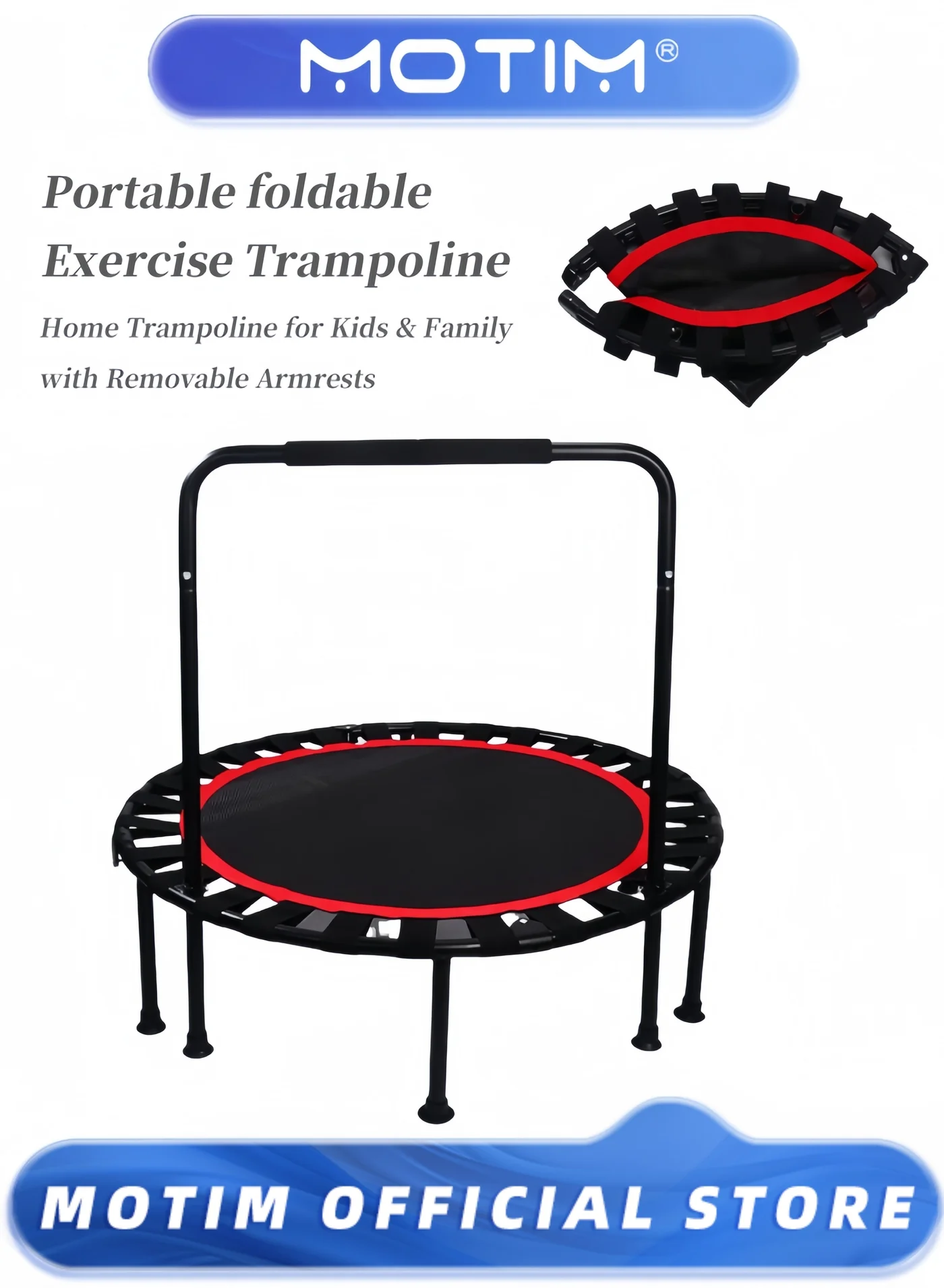 Motim 40-inch Folding Fitness Trampoline with Removable Handlebar for Indoor and Outdoor Home Exercise (101 cm) 9xr1f